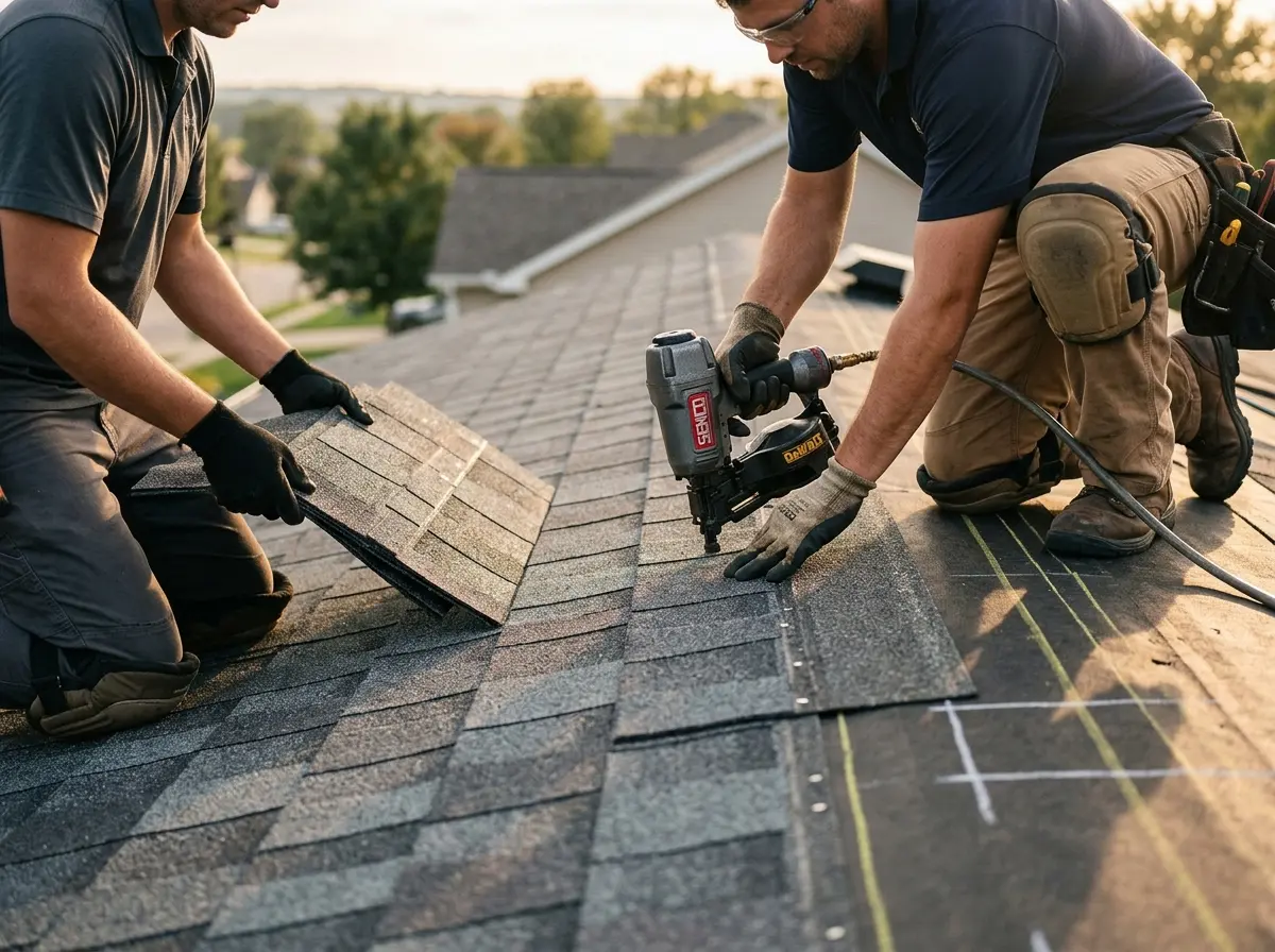 Professional roofer working on a residential roof in Clayton